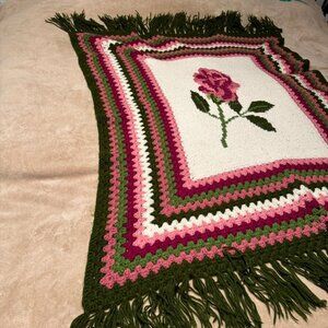 Vintage Crochet Green Rose Pink and Cream Fringed Throw with Roses Cross stitch